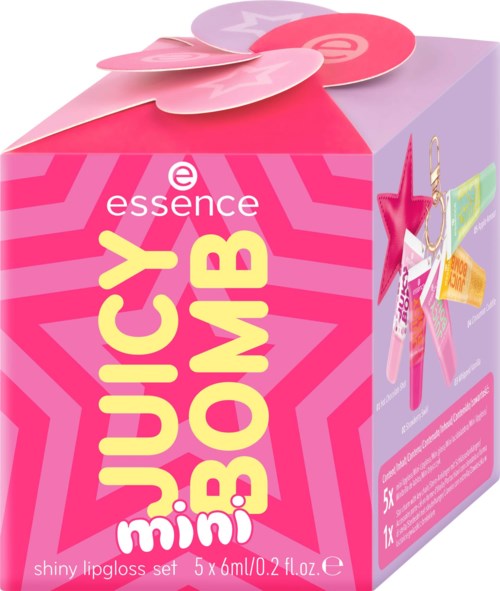 Packaging of essence Juicy BOMB mini shiny lip gloss set with pink and purple colors and star-shaped accessories.