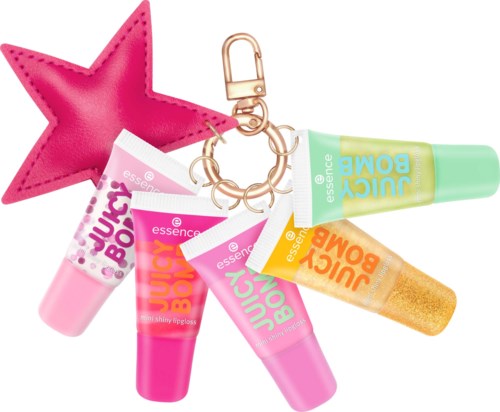 Colourful lip gloss and skincare products attached to a keychain with a pink star-shaped plush. The products are in tubes with bright labels.