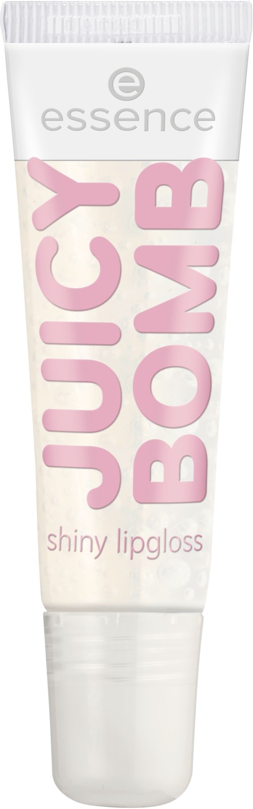 En tub med essence Juicy Bomb glansigt läppglans med rosa text på en vit bakgrund.