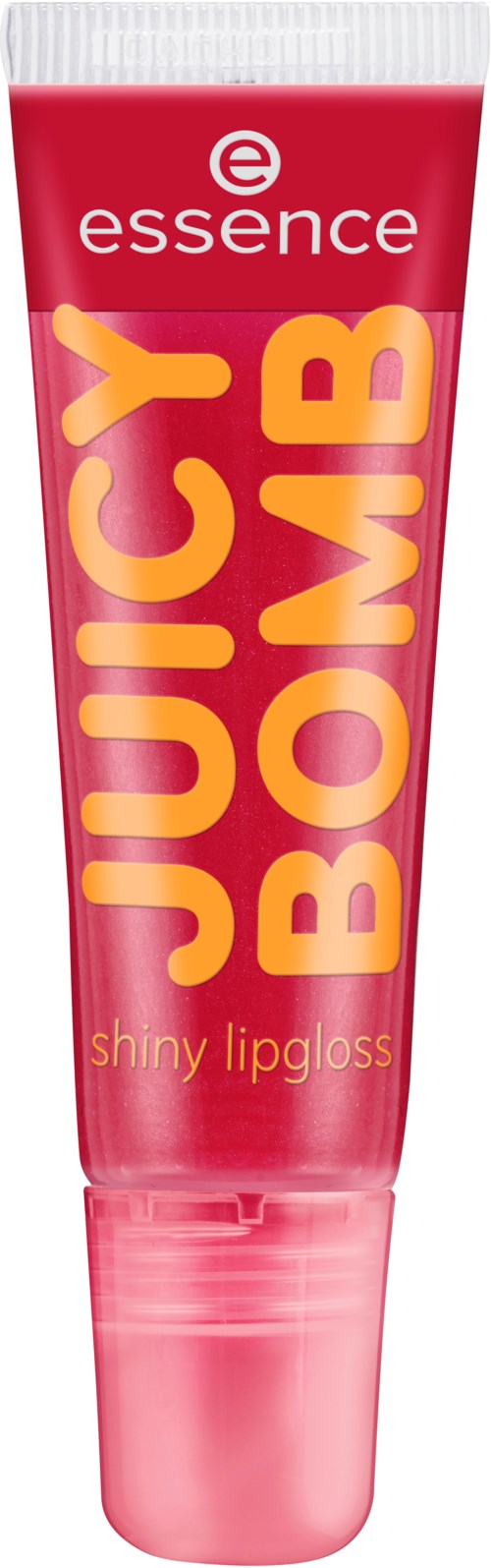 Ett rosa rör med glossläppstift märkt 'Juicy Bomb' från Essence, med röda, gula och rosa färger.