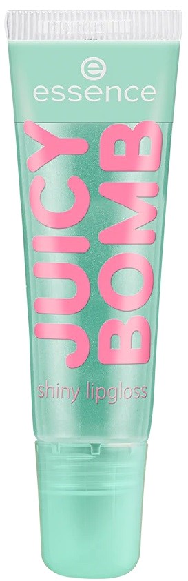 En mintgrön läppglanstub med rosa text som säger 'JUICY BOMB' och mindre text 'shiny lipgloss'.