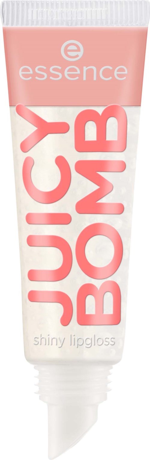 Een tube Essence Juicy Bomb glanzende lipgloss met roze en witte verpakking.