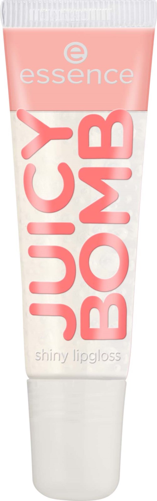 Een tube essence Juicy BOMB glanzende lipgloss, vooral roze met grote letters.