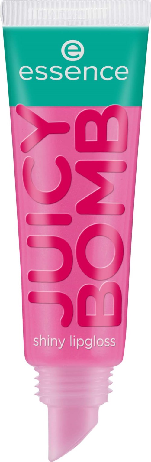 Een roze tube Essence Juicy Bomb glanzende lipgloss met een groene dop.