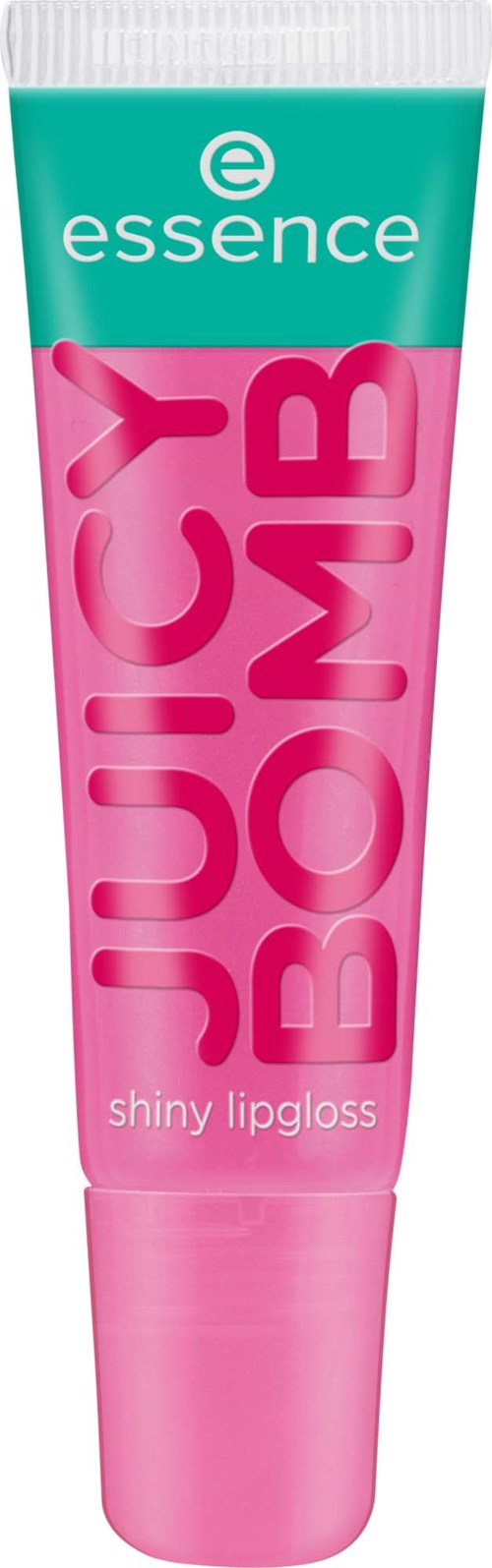 Roze glanzende lipgloss tube met teal dop, gemarkeerd 'Juicy Bomb' en 'essence'.