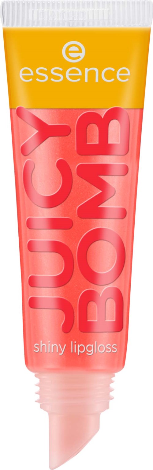 Een tube Essence lipgloss met glanzend roze kleur en gele dop.