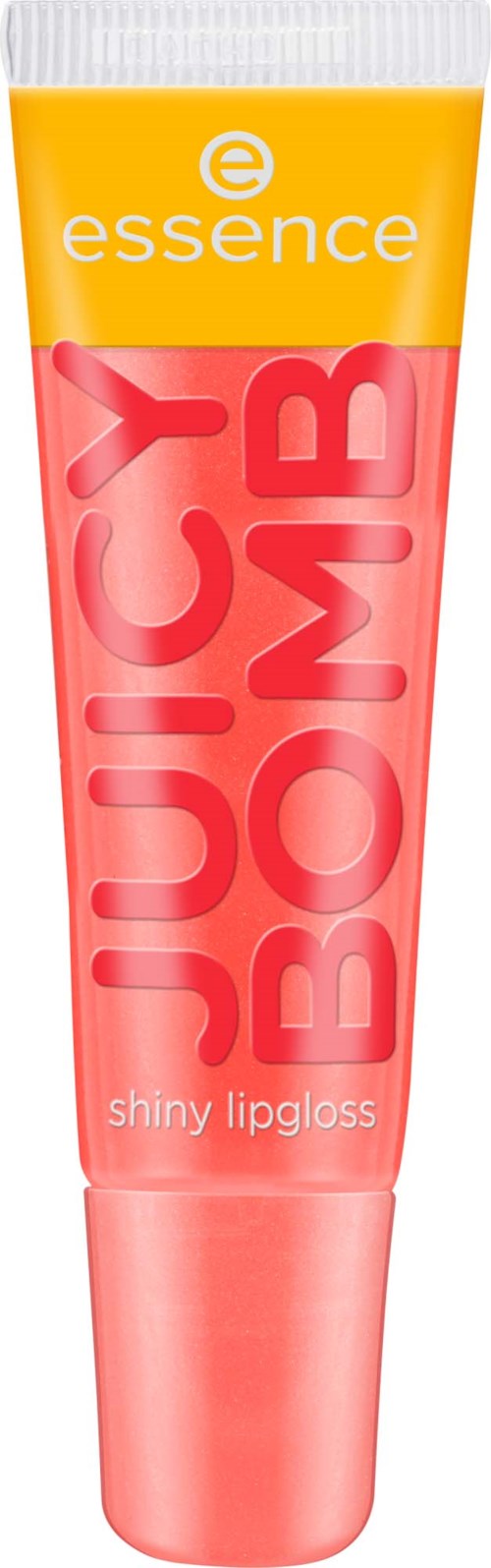Een tube van Essence Juicy Bomb glanzende lipgloss in geel en roze met vetrode tekst.