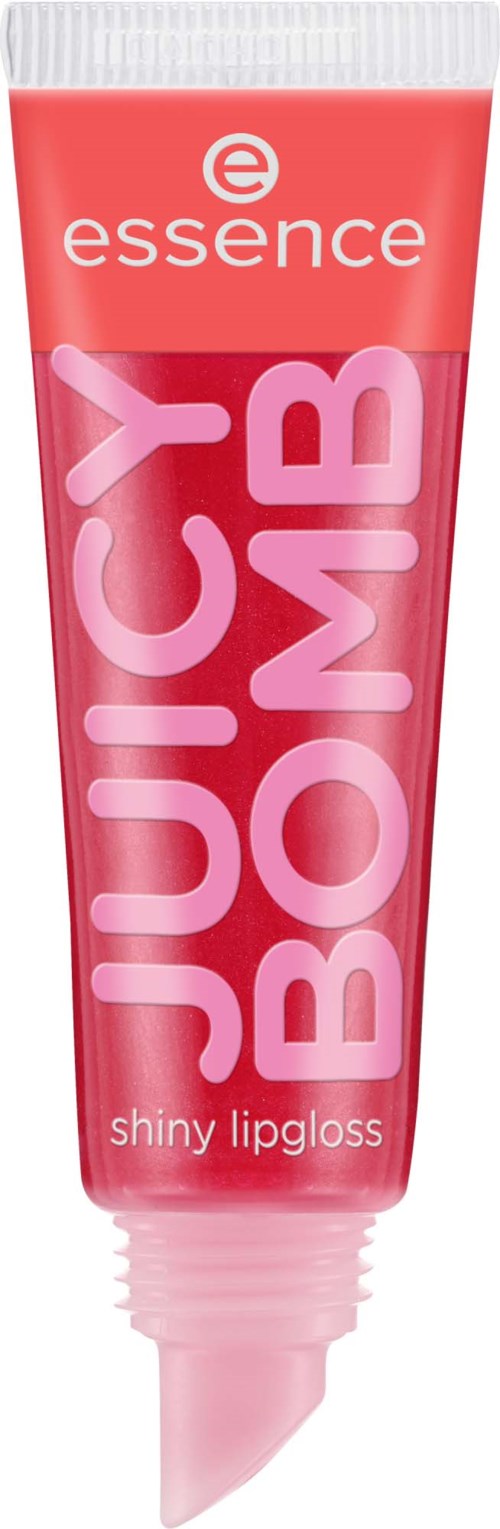 Een roze tube Essence Juicy Bomb glanzende lipgloss met een geribbelde applicatorpunt.