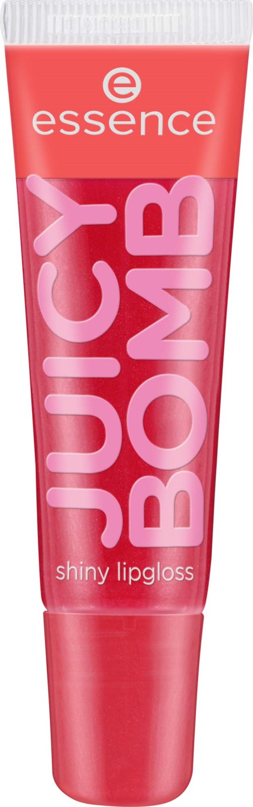Een roze tube Essence Juicy Bomb glanzende lipgloss met dikke tekst en lichtroze deksel.
