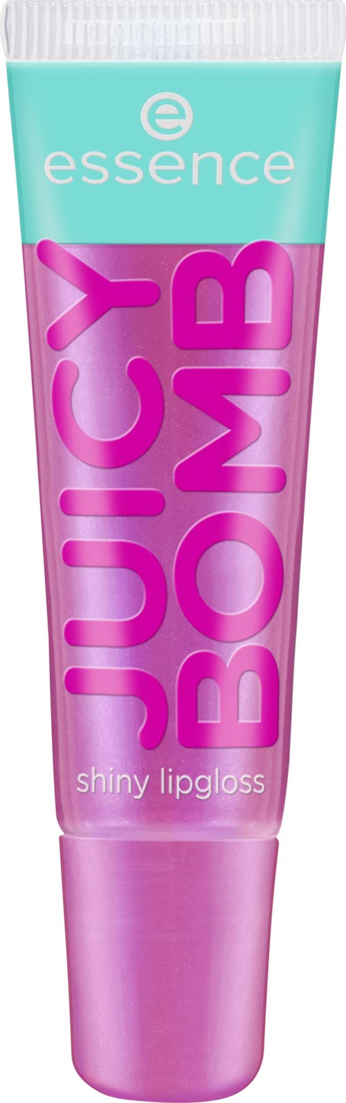 Pink och blå burk med glansigt gloss från Essence, märkt 'Juicy Bomb' för glänsande läppar.