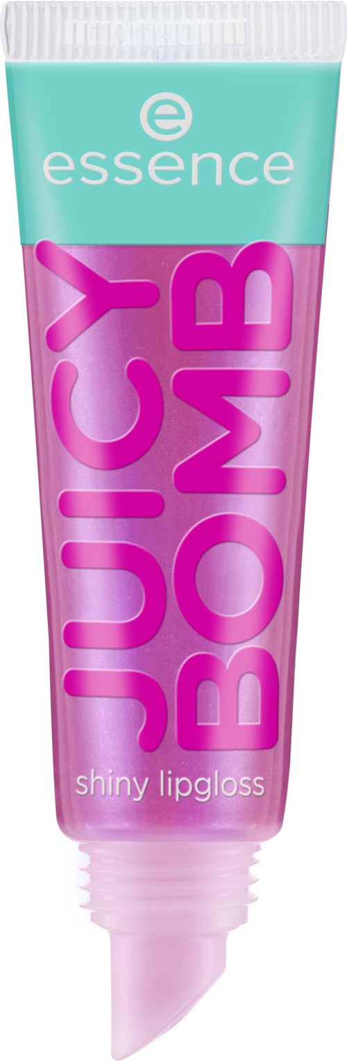 En tub med Essence Jucy Bomb glansigt läppglans, mest rosa och gröna färger, med produktnamnet på.