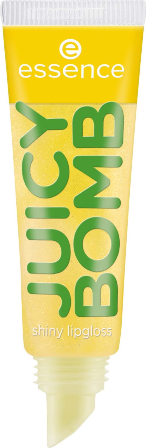 Tub med läppglans märkt 'Juicy Bomb' i gult och grönt, från Essence, glansigt, för läppar.