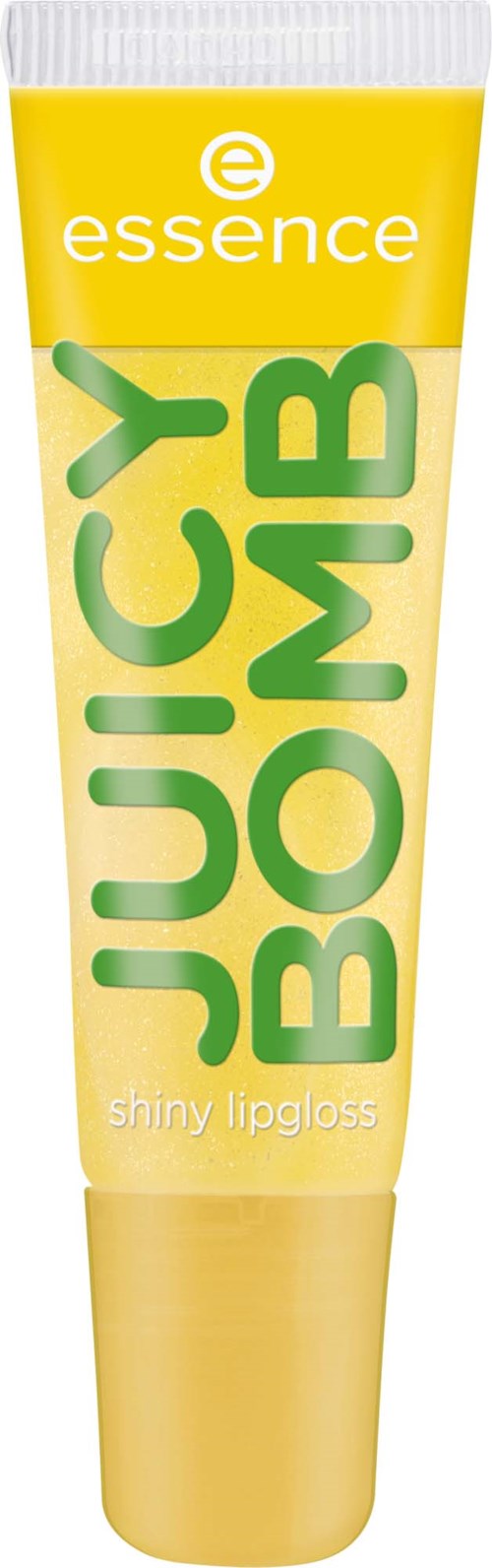Gult läppglansrör med gröna och vita texter, där det står 'JUICY BOMB' och 'shiny lipgloss'.