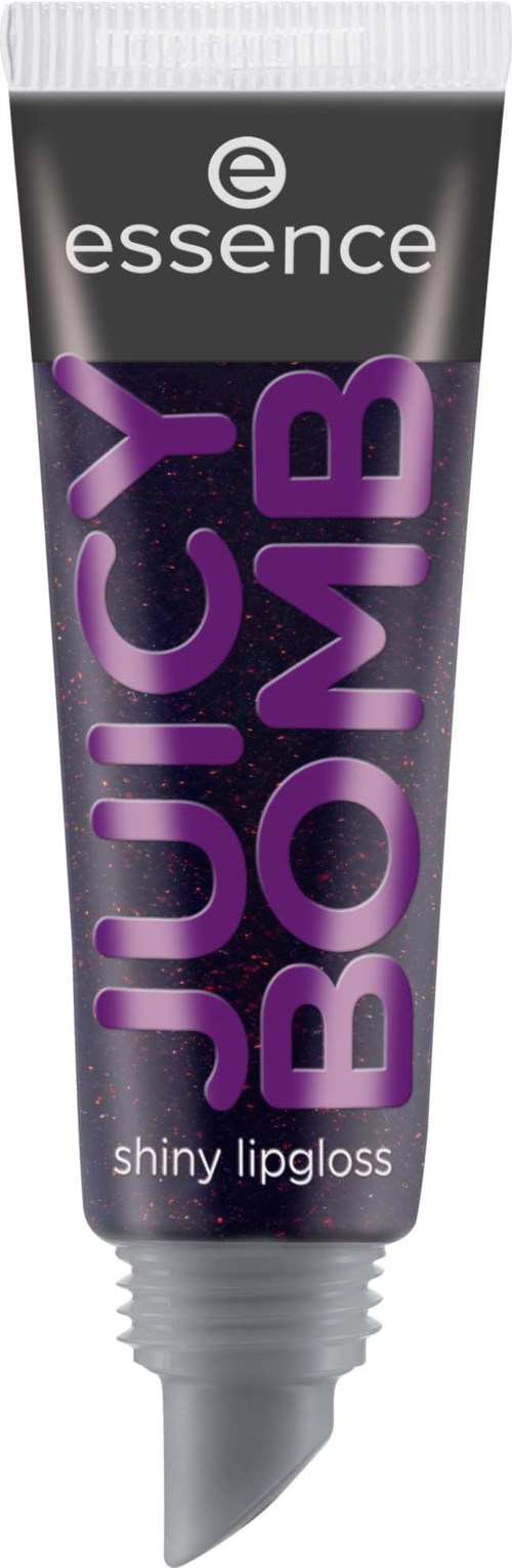 En tub med essence Juicy Bomb glansigt läppglans med lila och svart design på förpackningen.