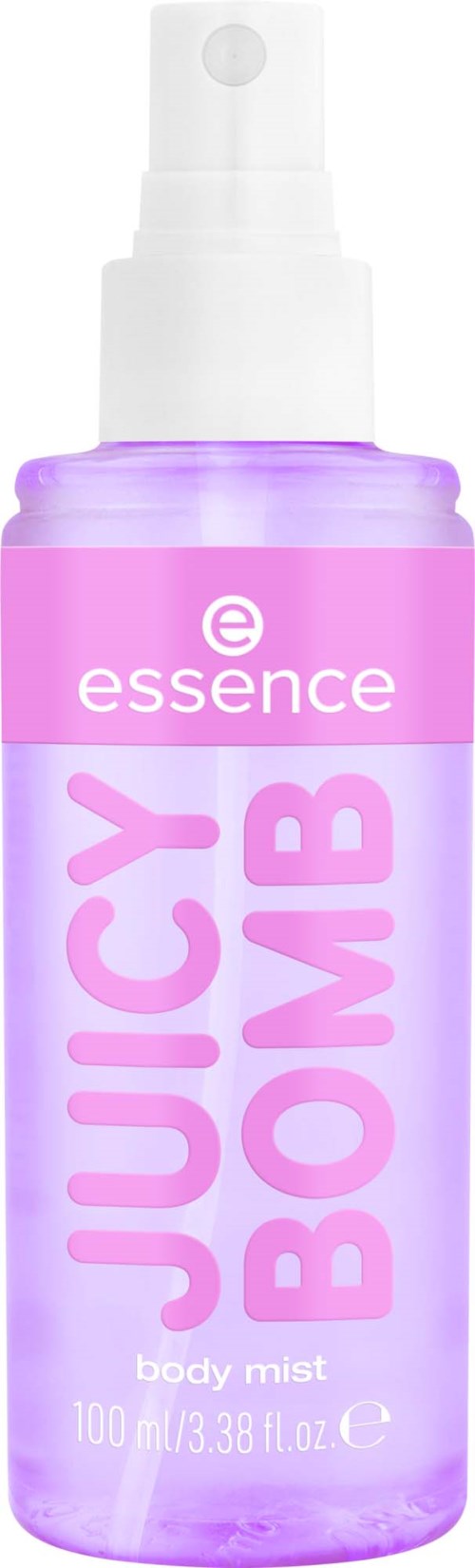 Een kleine paarse spuitfles met witte dop, gelabeld 'Juicy Bomb' en 'body mist.'