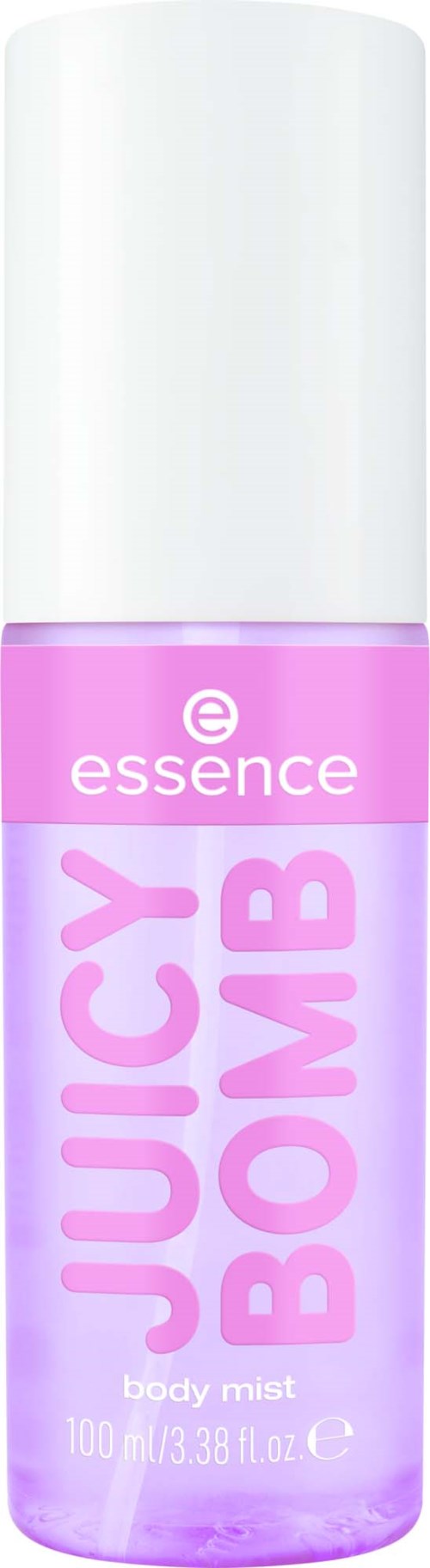Een kleine paarse sprayfles met de tekst "Juicy Bomb" voor body mist van Essence.