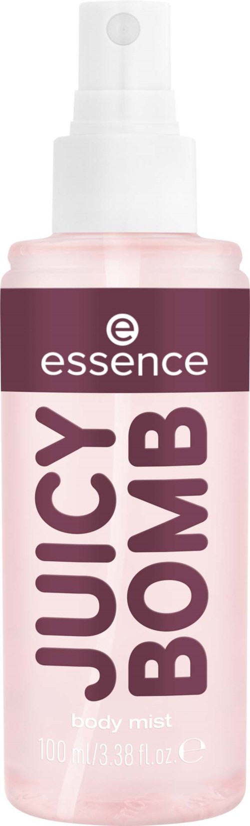 Een roze sprayfles met 'Juicy Bomb' van Essence, een body mist met spraydop.