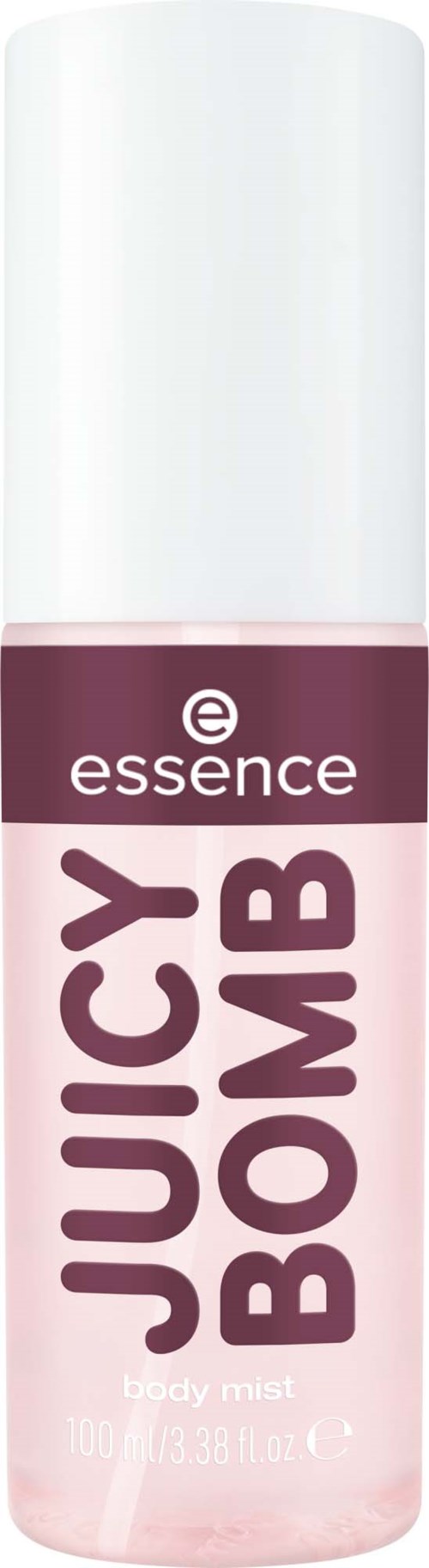 Een roze en paarse body mist fles met een witte dop, gemerkt 'JUICY BOMB' door Essence.