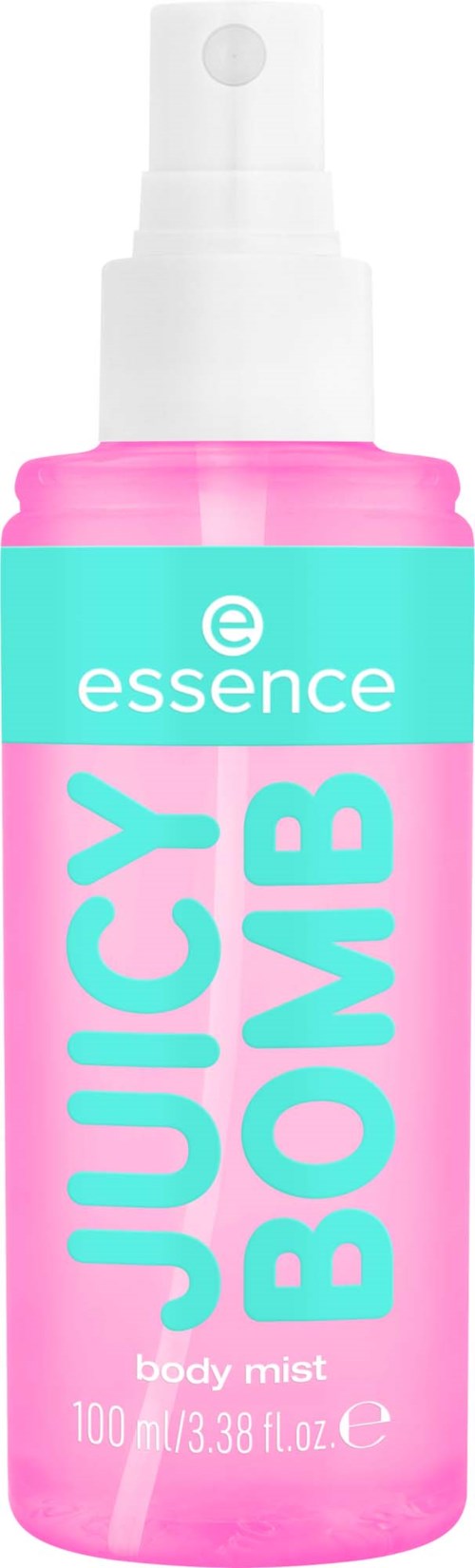 En rosa kroppssprayflaska märkt Essence Juicy Bomb med 100 ml kapacitet.
