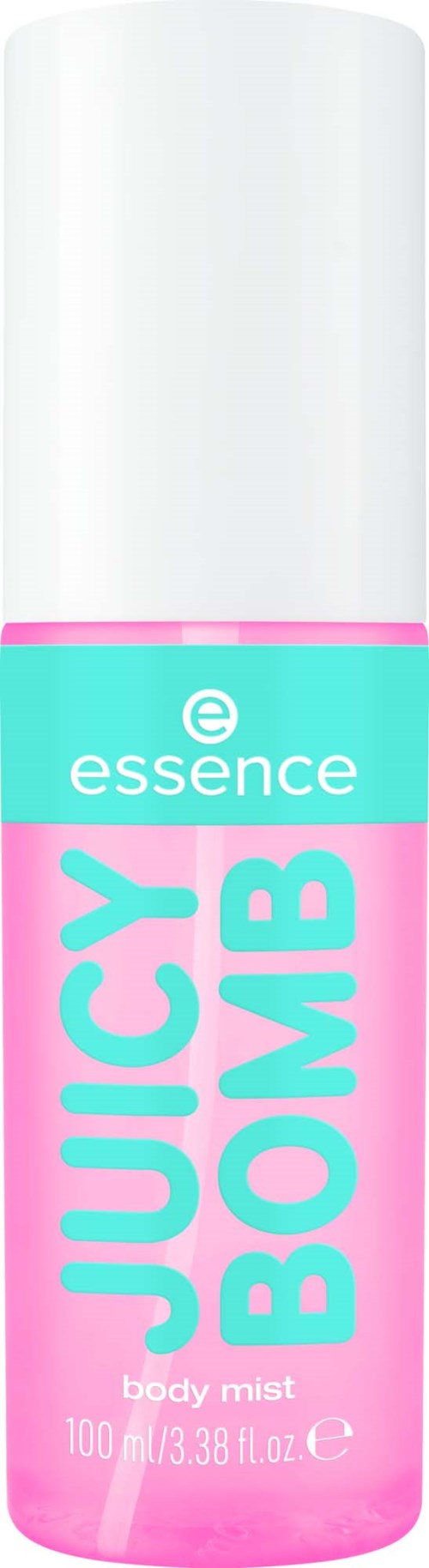 Rosa och ljusblå kroppsspray med orden Juicy Bomb i stora bokstäver och essence-logotypen längst upp.