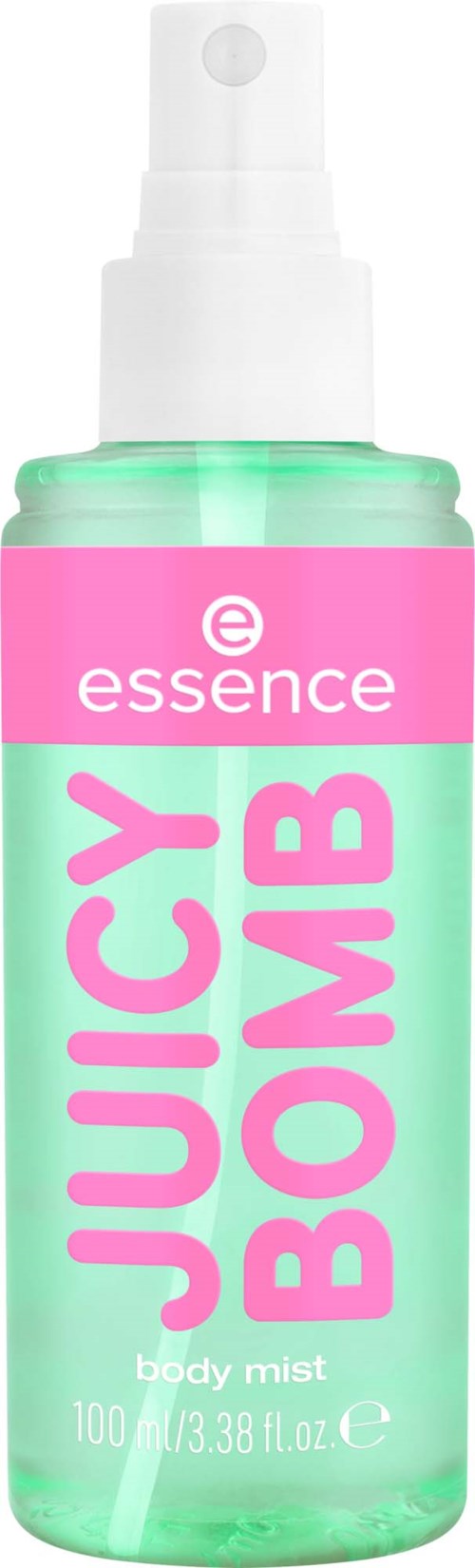 En liten sprayflaska med vit munstycke och genomskinlig grön kropp, märkt som essence Juicy Bomb body mist.