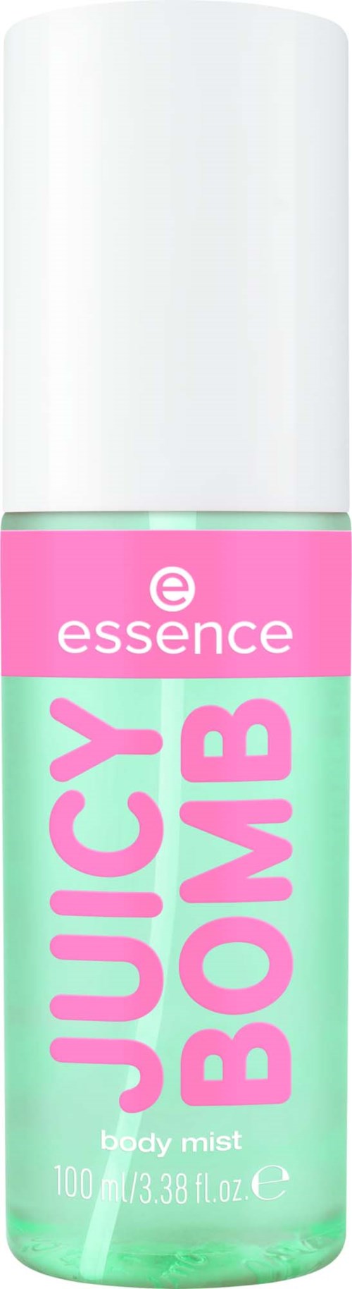 En kroppssprayflaska i rosa och grönt, namngiven Juicy Bomb av Essence, 100 ml.