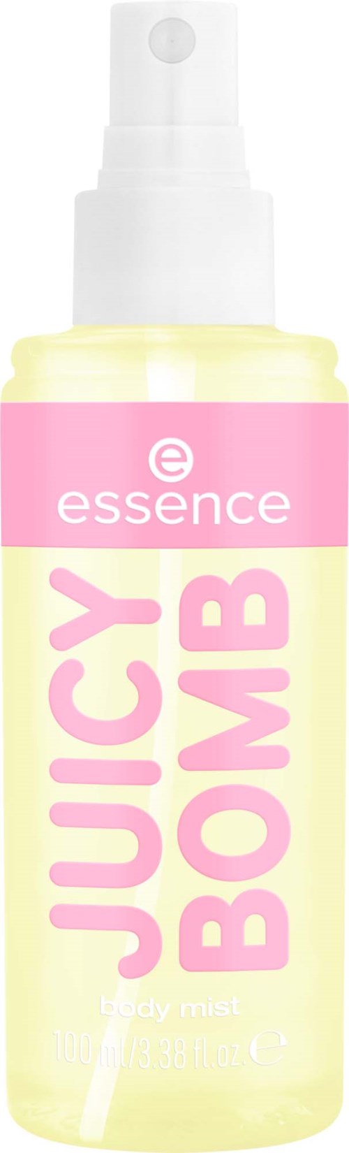 En liten sprayflaska med rosa och gula färger märkt essence Juicy Bomb.