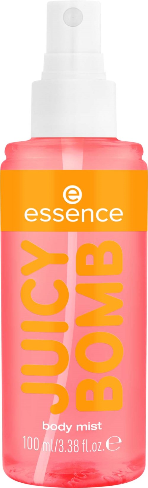 Rosa sprayflaska med orange etikett som står Juice Bomb av Essence för kroppsdoft, 100 ml.
