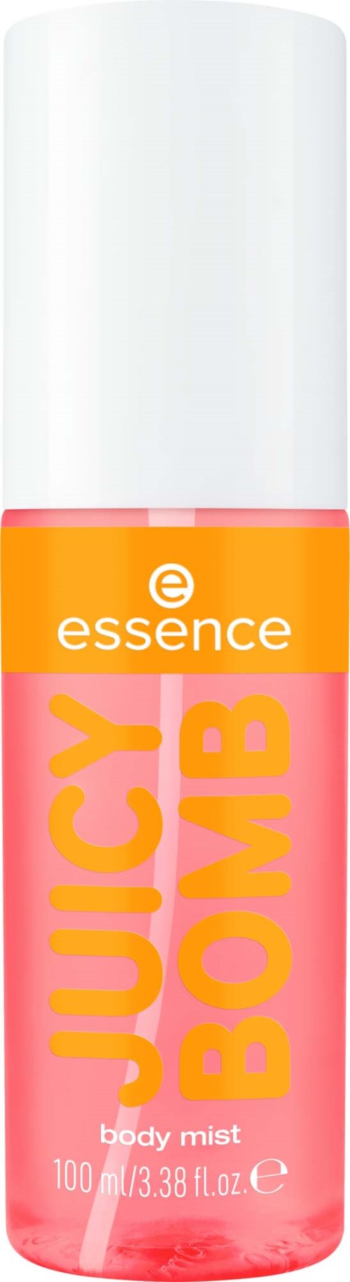 En kroppssprayflaska märkt 'Juicy Bomb' med rosa och orange färger.