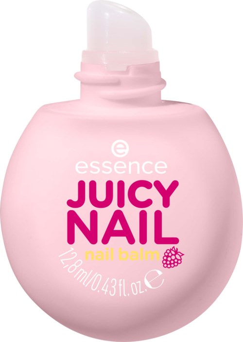 Een roze nagellakfles met pomp, gemarkeerd essence Juicy Nail nagelbalsem, 128 ml.