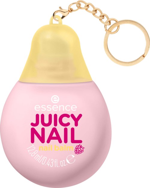 Roze nagelriemverpakking in de vorm van een nagellakfles met een gouden ketting en ring.