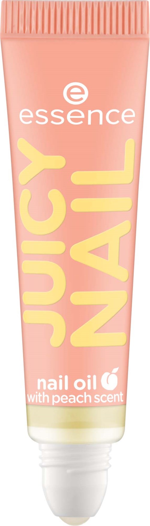Kleine Tube Nagelöl von Essence mit Pfirsichduft, bezeichnet JUCY NAIL, steht aufrecht.