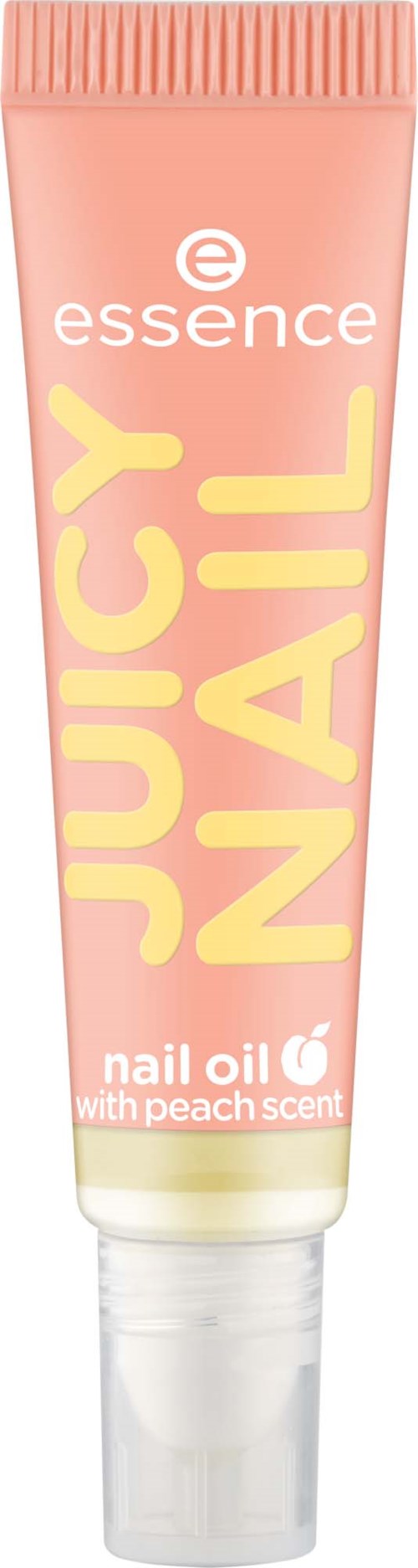 Ein pinker Tuben Nagelöl mit Pfirsichduft, Marke Essence Juicy Nail, hat einen weißen Deckel und leuchtend gelben Text.