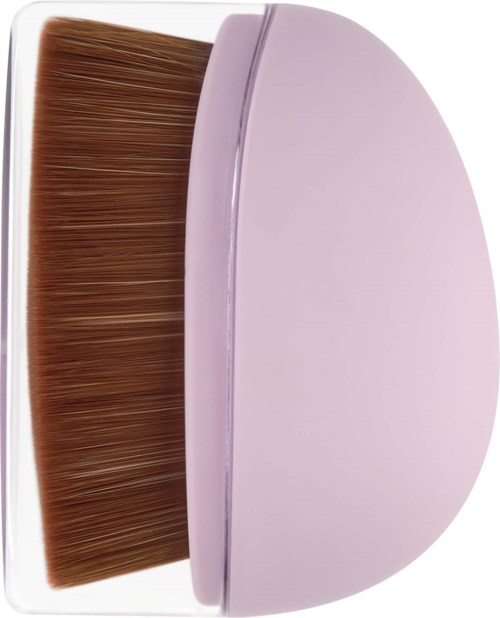 A makeup brush with brown bristles and a purple handle and case.