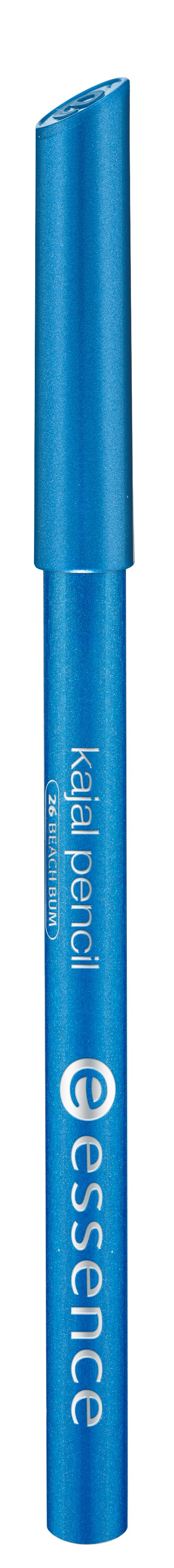 En blå ögonbrynspenna med en lätt kurvad spets, märkt 'essence' och 'brow pencil'.