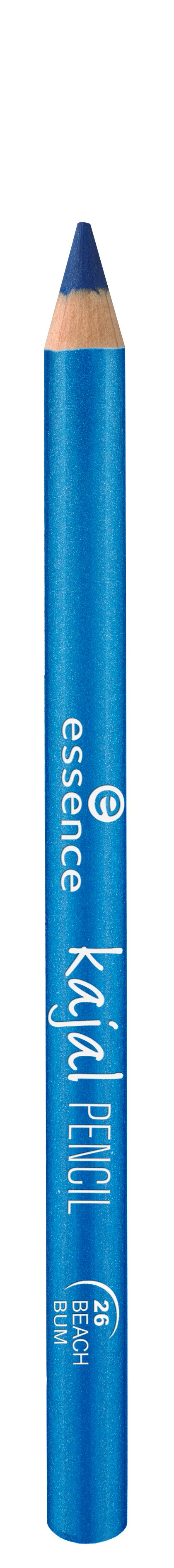 En blå penna med orden "Kajal Pencil" och märkesnamnet "essence" skrivet på den.