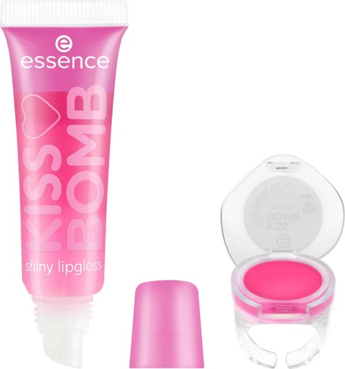 Een roze tube lipgloss, een lippenbalsembox en een roze lipgloss of lippenstift in een kleine doos.