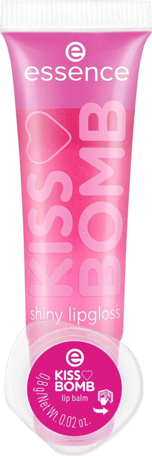 Roze tube met witte tekst, noemt essence, Kiss Bomb, glanzende lipgloss en lipbalsem, met een hartsymbool.