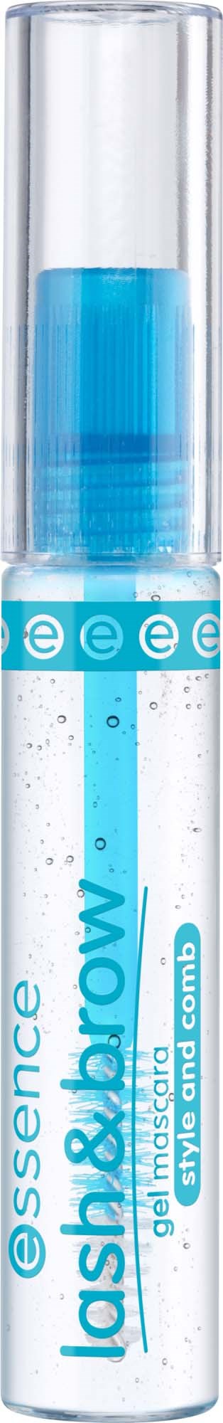 Een doorzichtige buis bevat blauwe vloeistof met bellen, gelabeld als lash shine, met een blauwe dop en branding.