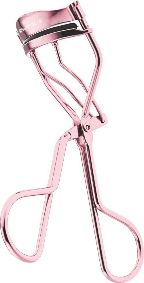 Een roze wimperkruller met metalen handvat en een kleine krulclip.