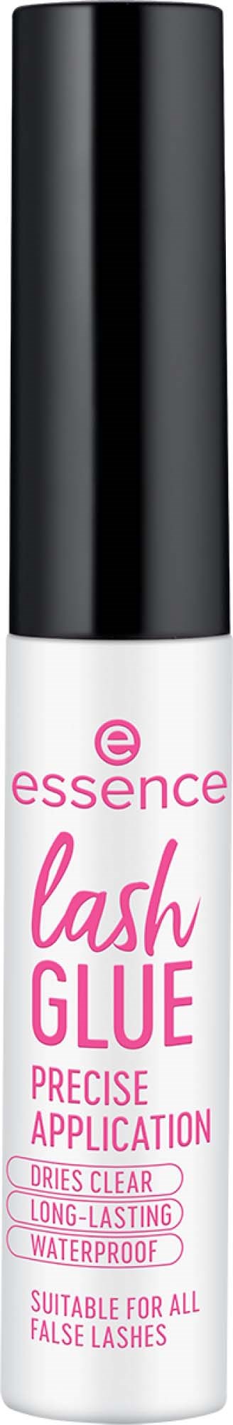 Een witte en roze lijmfles voor wimpers met zwarte dop, bedoeld voor precieze, waterdichte, lange-lasting toepassing.