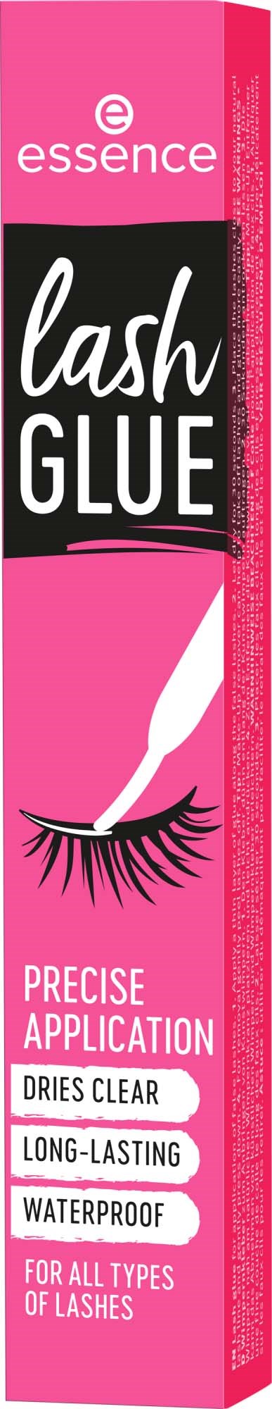 Een roze en zwarte doos met een witte wimperillustratie en tekst voor wimperlijm, die waterdicht en langhoudend beschrijft.