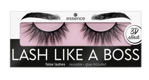 Falska ögonfransar märkta som "Lash Like A Boss" med 3D-effekt, rosa bakgrund och illustrerade ögonbryn.