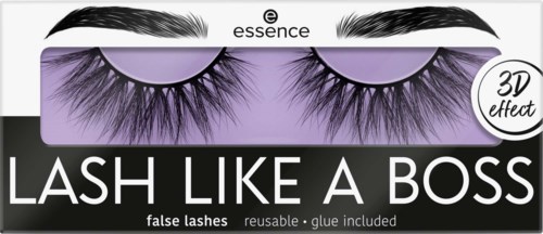 Falska ögonfransar märkta som 'Lash Like a Boss' med 3D-effekter, avsedda för skönhetsförbättring.