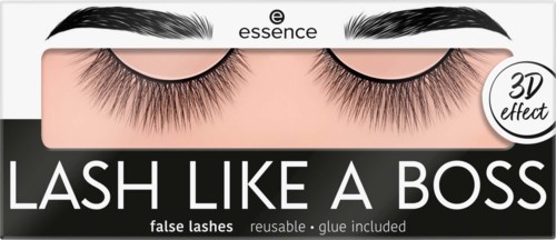 Falska ögonfransar som ser dramatiska och fylliga ut, i en förpackning som heter "Lash Like a Boss" med 3D-effekttext.