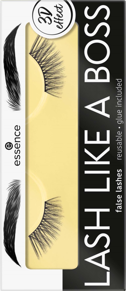 En låda med falska ögonfransar från Essence, märkt "Lash Like A Boss" med 3D-effekter och återanvändbar, med medföljande guide.