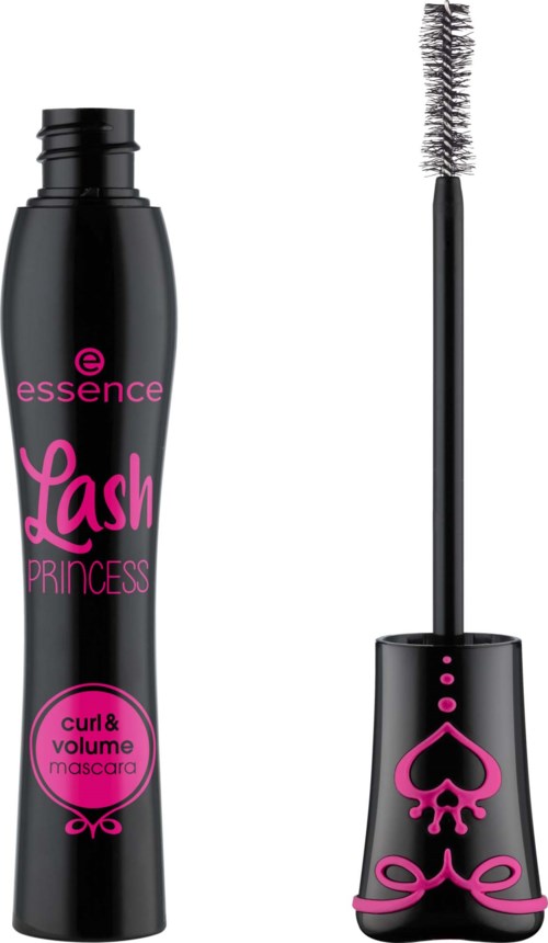 En svart mascara-flaska med rosa text och en hjärteformad logotyp, med ett kärlekssymbol på locket.