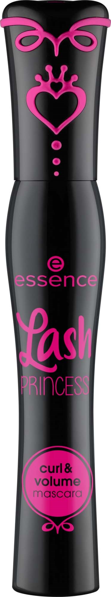 En svart mascara-rör med rosa dekorativ text och design, märkt som Lash Princess curl och volume mascara.