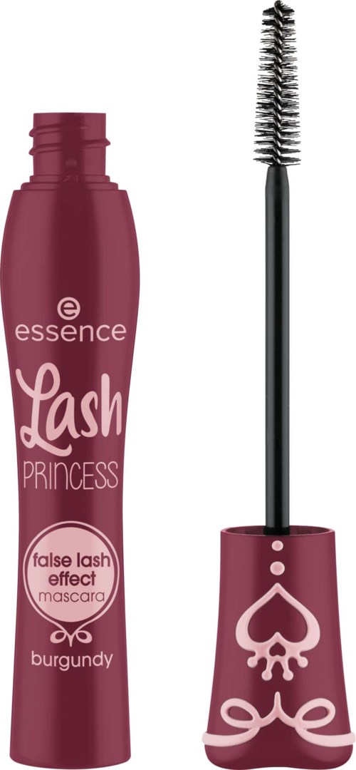 Een mascara tube met label essence lash princess, met een gebogen mascara borsteltje en een dop met een doodshoofd en liefde-ontwerp.