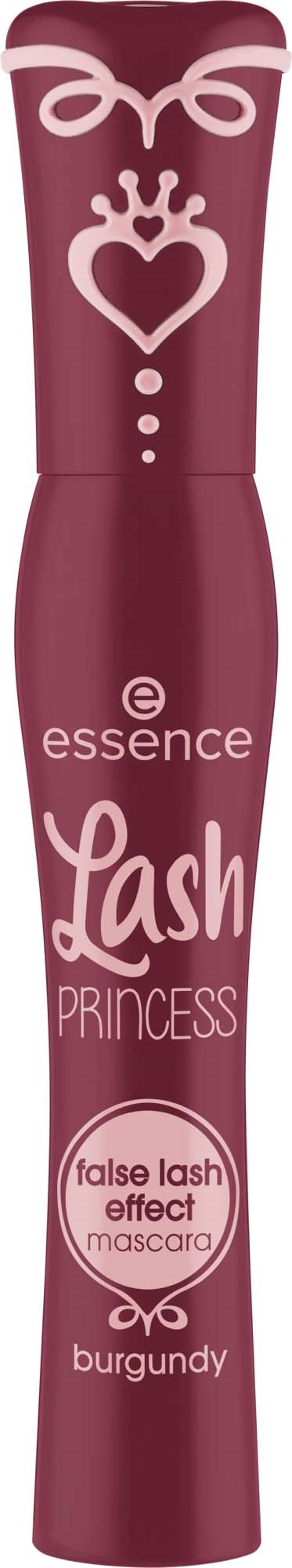 Een bordeauxkleurige mascara-tube met hart en strik ontwerp, gemarkeerd Essence Lash Princess False Lash Effect.
